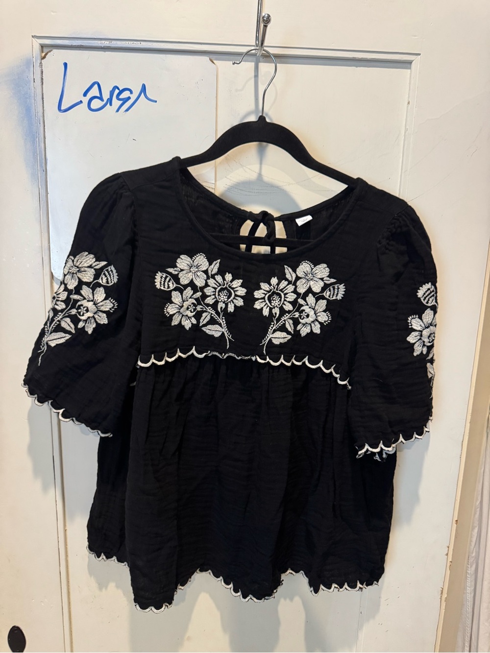 Old Navy Black Peasant Top with White Floral Embroidery